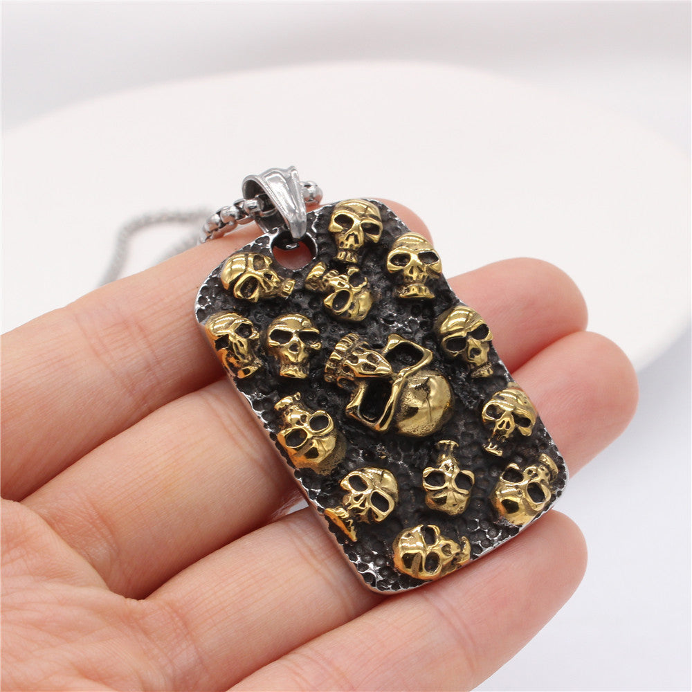 Halloween Golden Skull Rectangle Titanium Steel Pendant for Men
