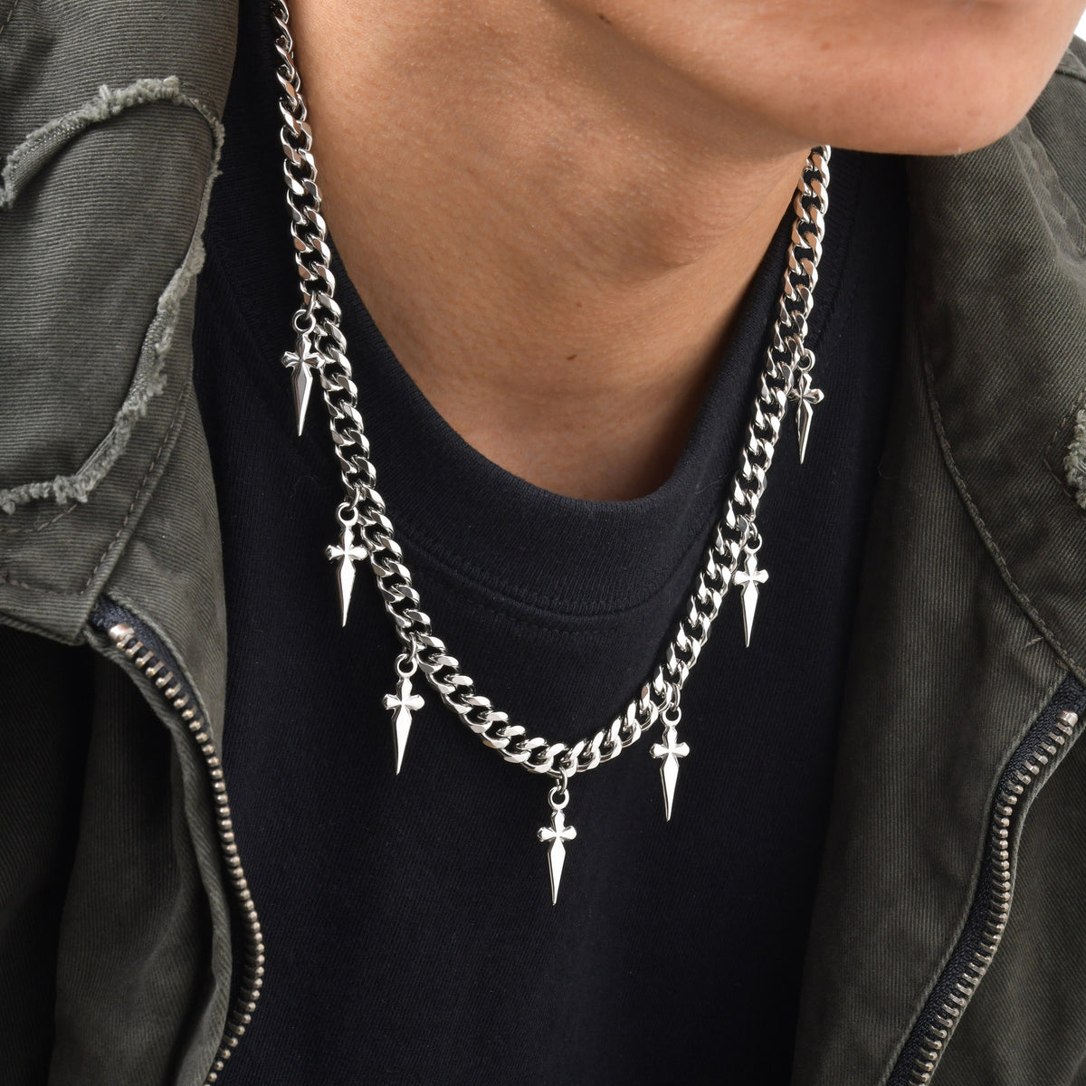 Stainless Steel Men's Cool Sa Low-Key Restrained Cross Pendant Cuban Chain Necklace