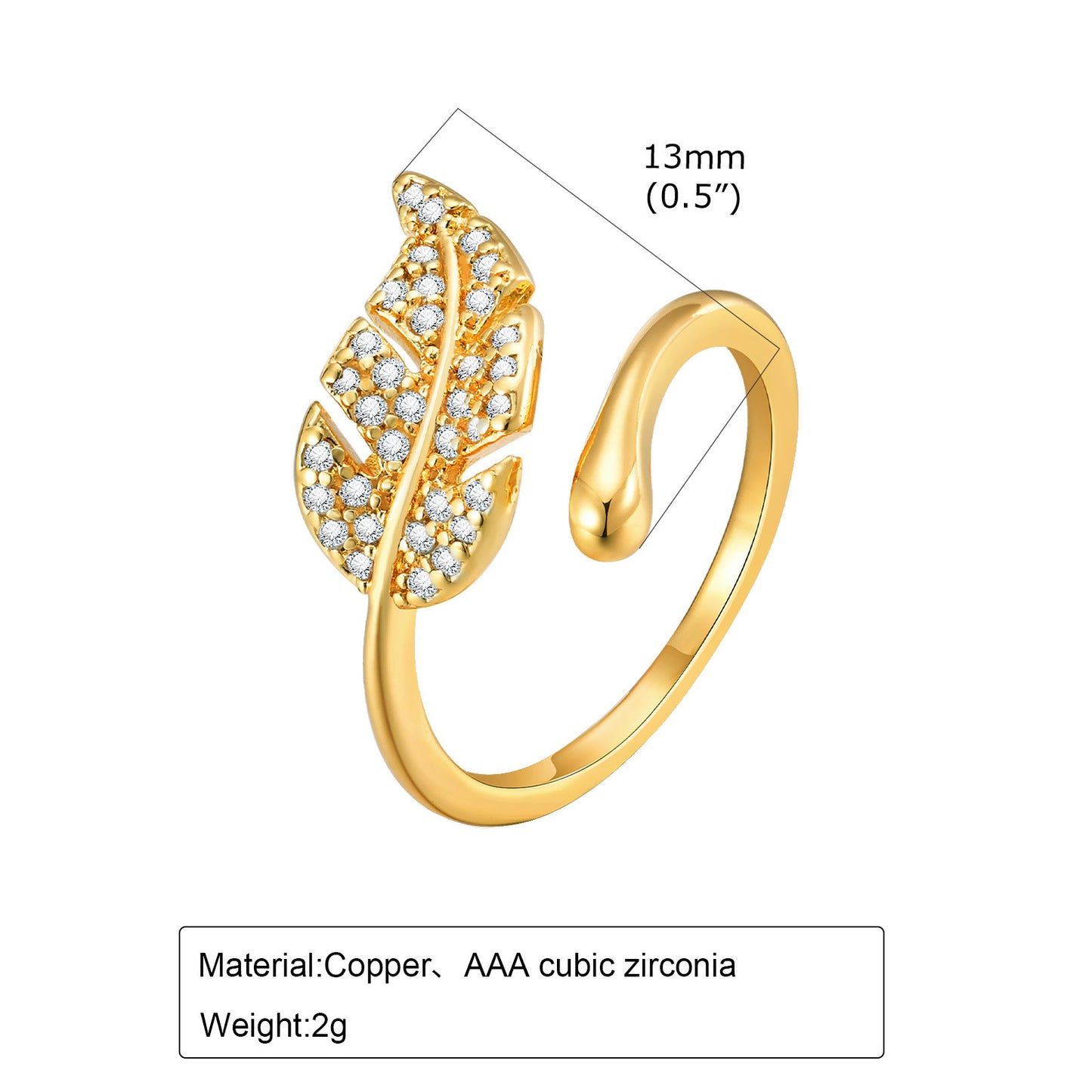 Ladies Gold Copper Zircon Quadrangram Water Drop Leaf Open Ring Jewelry