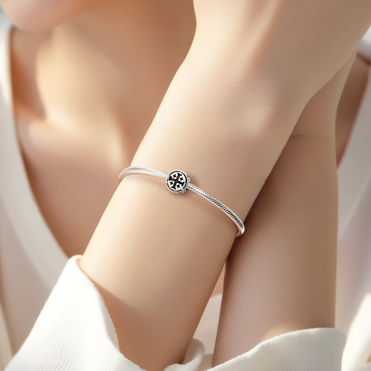 Planderful Jewelry Jerusalem Cross Beading Pendant Bracelet in Sterling Silver S925