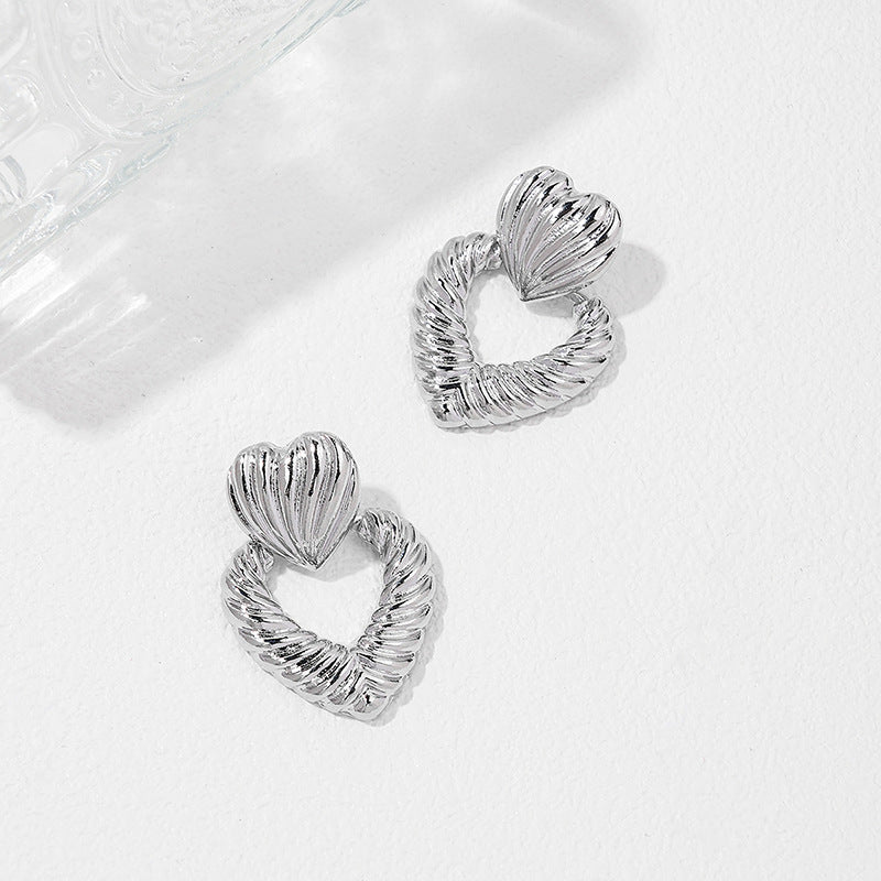 Heart-shaped Pleated Alloy Earrings with Retro French Flair