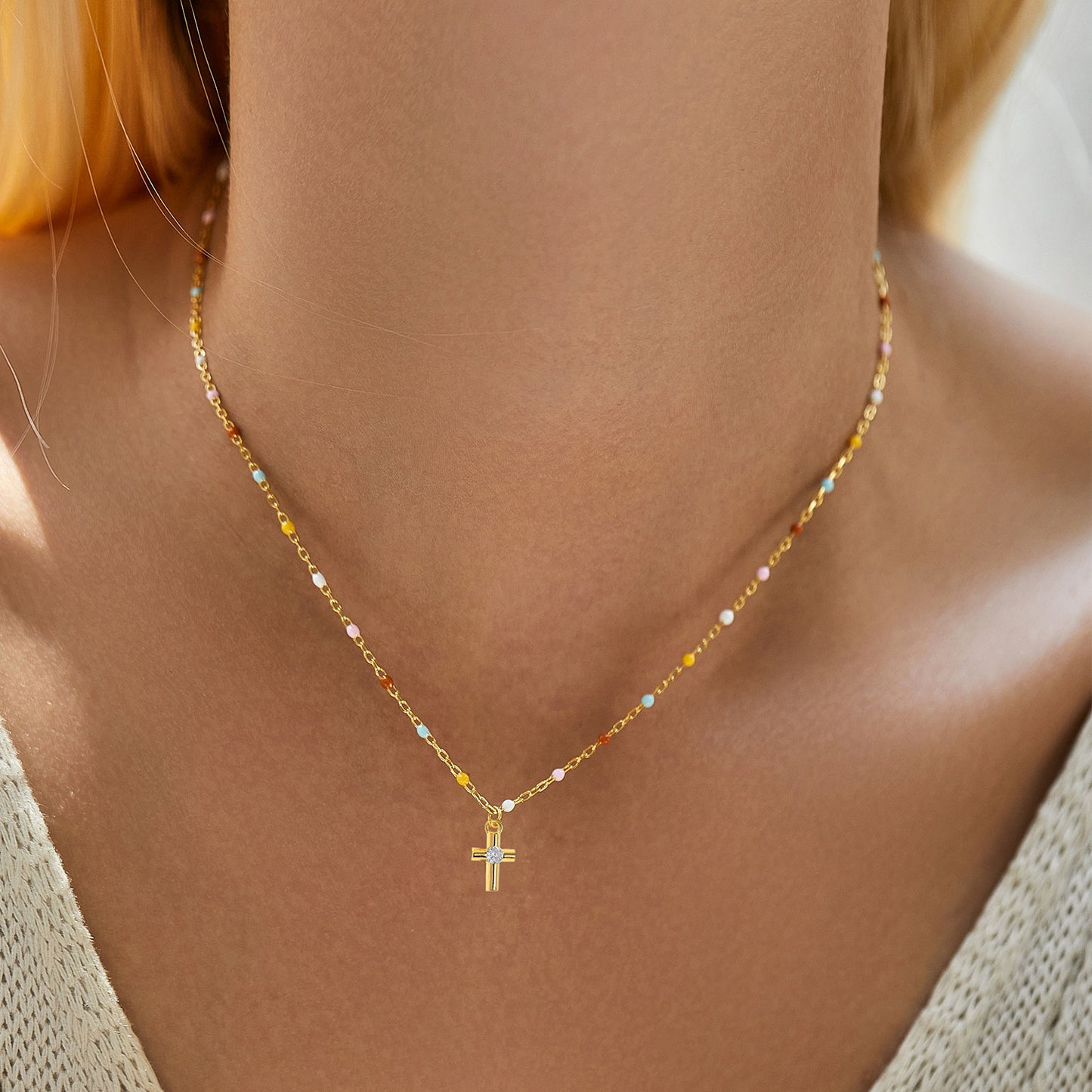 Planderful Everyday Genie S925 Silver Sweet Girl Wind Dopamine Color Scheme Rainbow Beanie Mini Cross Zircon Necklace Female – Elegant and Colorful Jewelry Statement