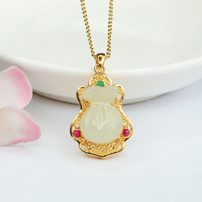 Lucky Money Bag Jade Zircon Necklace with Sterling Silver