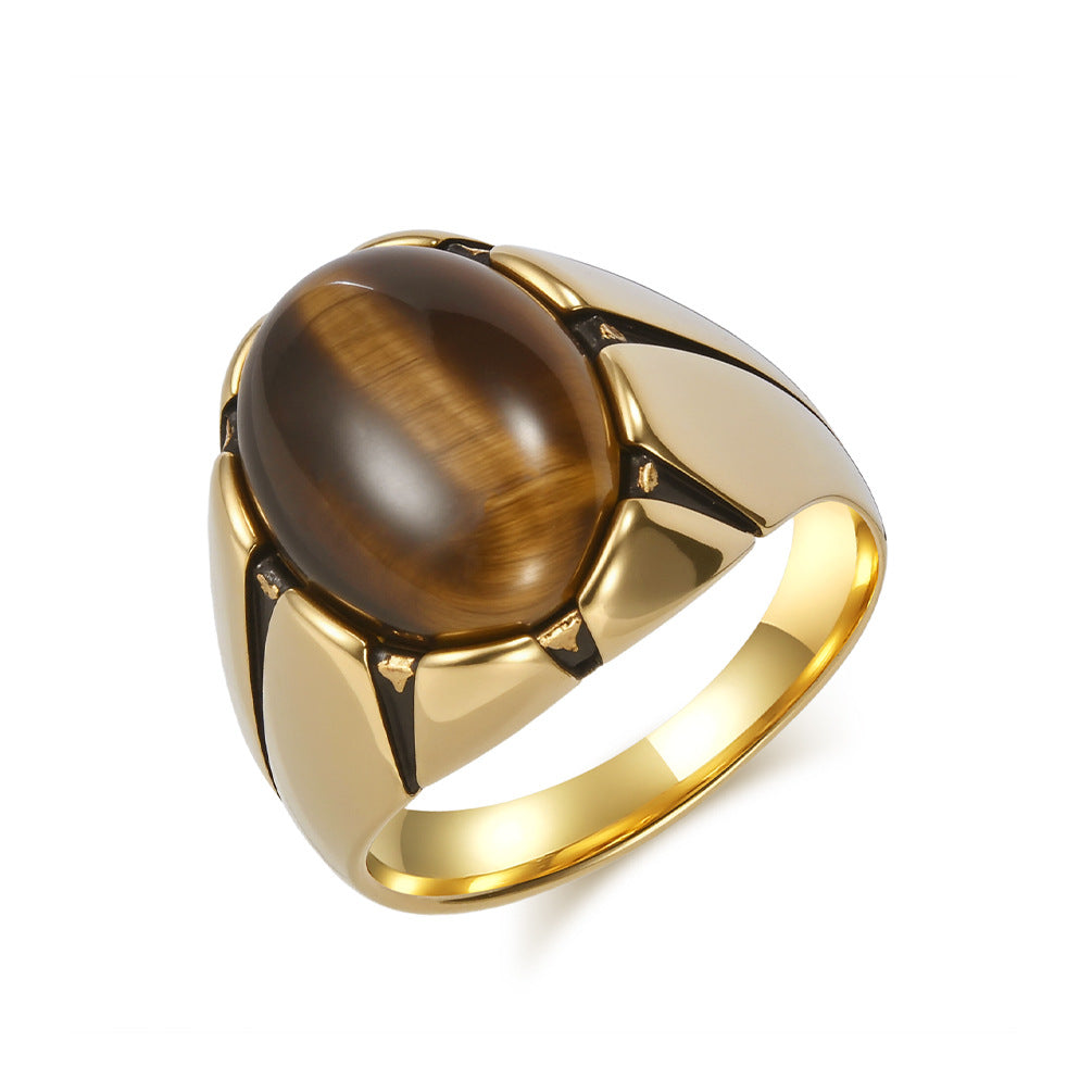Planderful Everyday Genie Men's Tiger's Eye Stainless Steel Ring Oval Egg Shaped Black Gemstone For Men