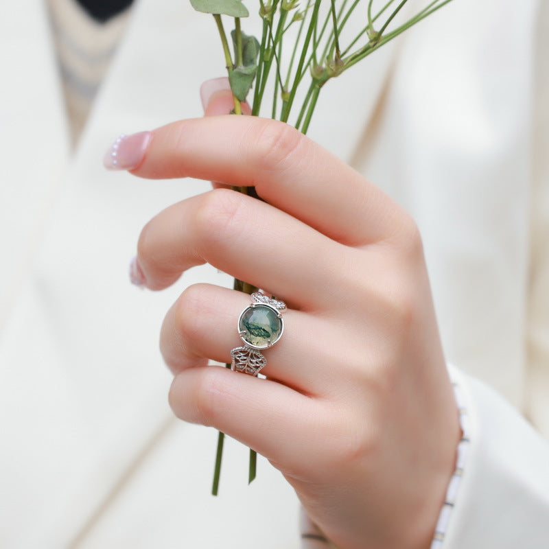 Planderful Jewelry Natural Aquatic Agate Ring In Sterling Silver Open Band Green Moss Stone