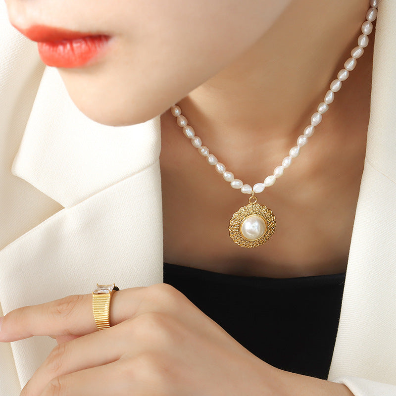 Elegant French-Inspired Pearl Necklace with Gold-Plated Straw Hat Pendant