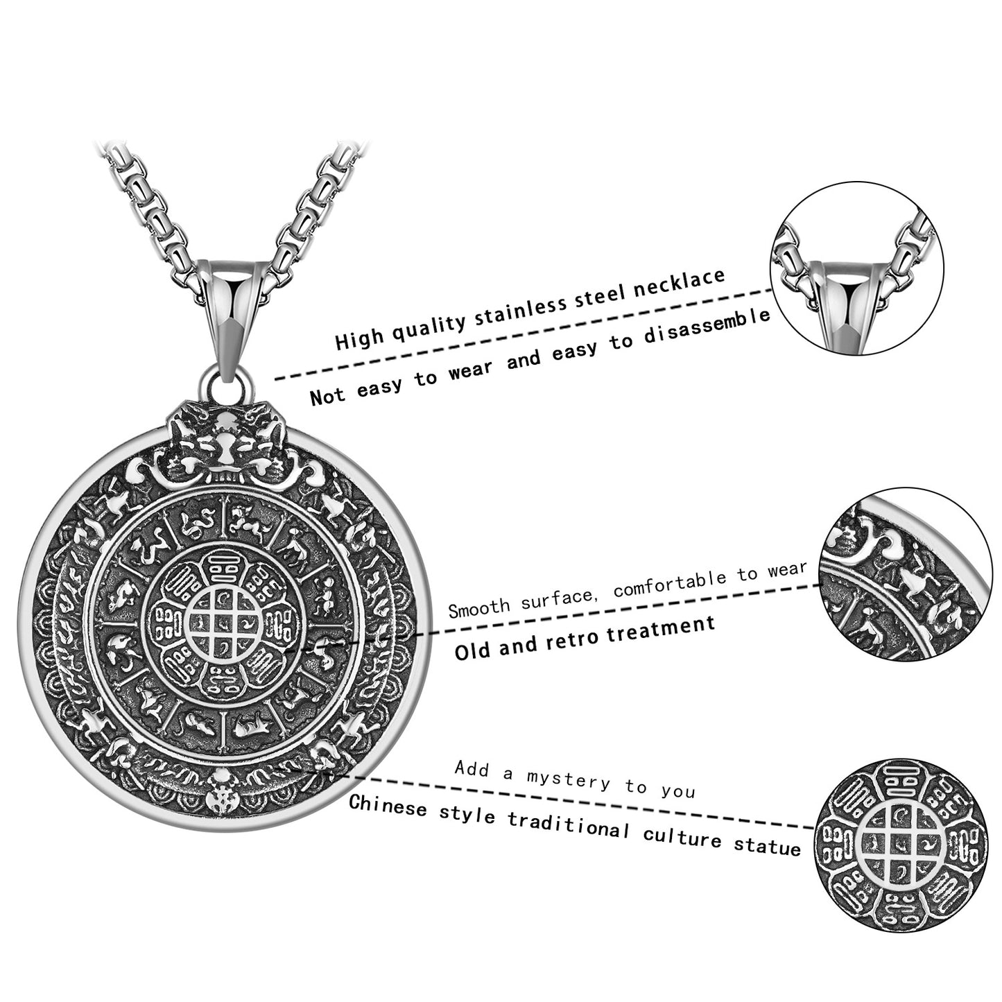 Titanium Steel Necklace – Vintage Tibetan Jiugong Eight Treasures Zodiac Pendant For Men And Women