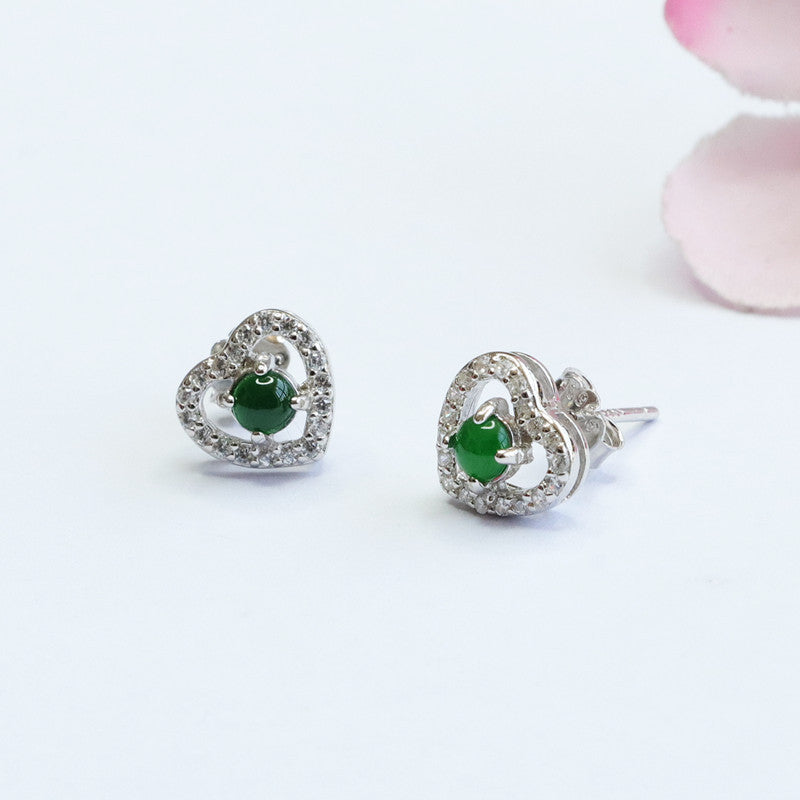 Icy Green Jadeite Heart 925 Silver Stud Earrings