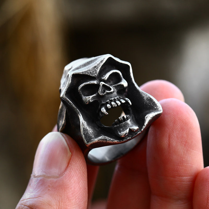 Retro Punk Hip Hop Stainless Steel Ring - European American Grim Reaper Skull Design in Titanium Steel for Men