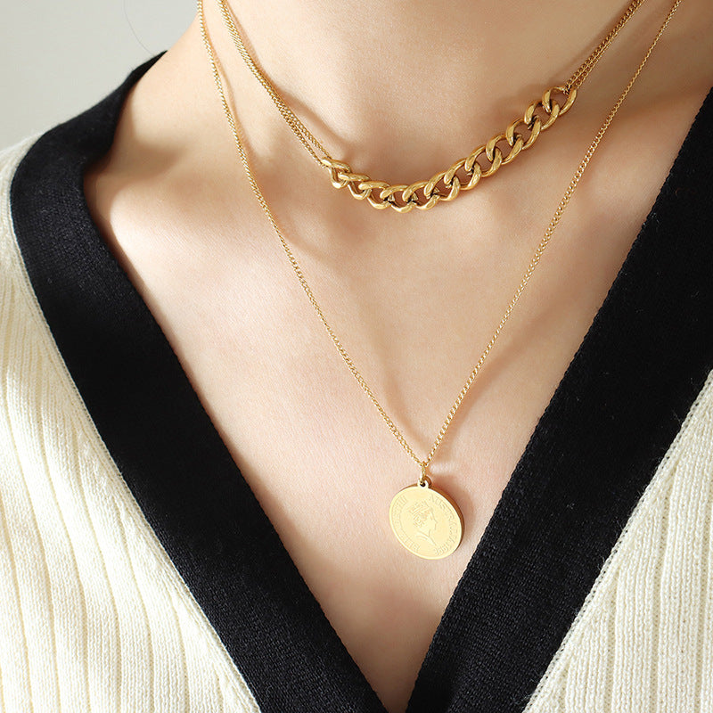 Royalty Portrait Double Pendant Necklace with Hip-hop Chain