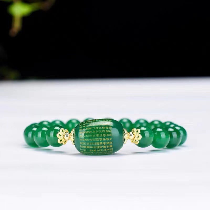 Heart Sutra Sterling Silver Bracelet with Genuine Green Chalcedony