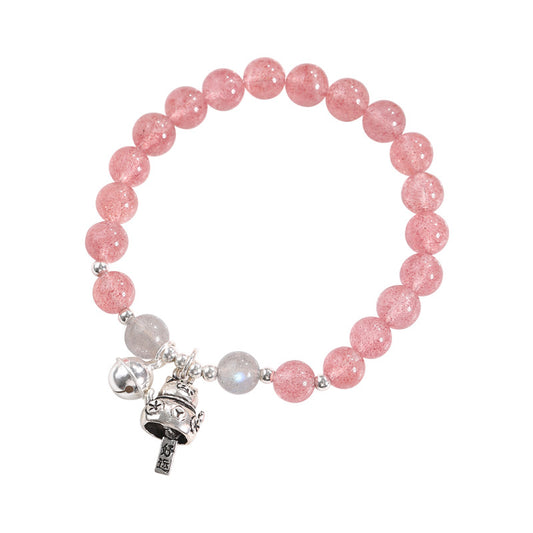 Sterling Silver Cat Bell Bracelet with Natural Strawberry Crystal and Moonstone Beads