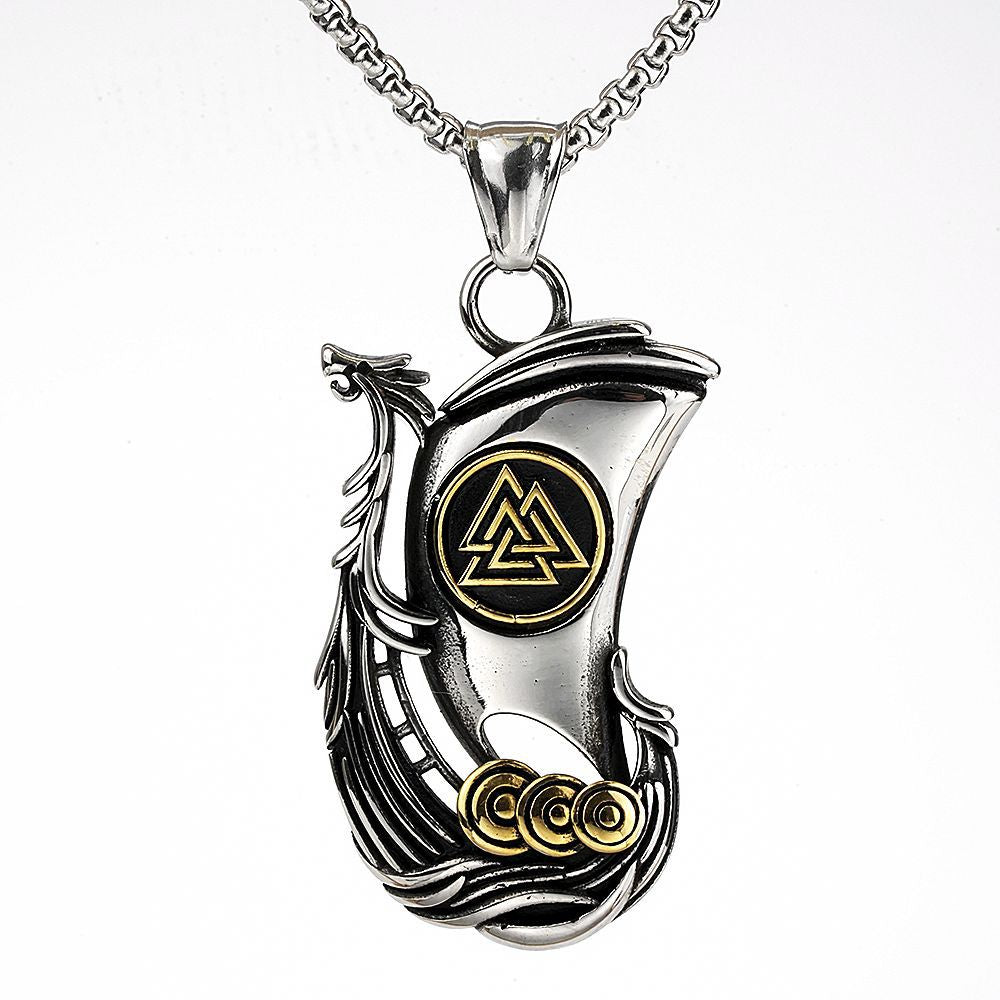Vintage Men's Stainless Steel Viking Ship Logo Necklace
