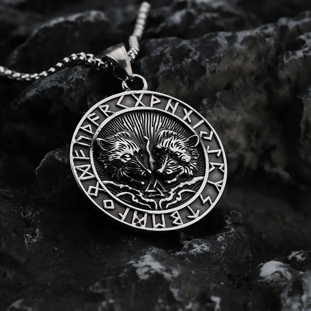 Nordic Men's Jewelry Viking Stainless Steel Double Wolf Pendant