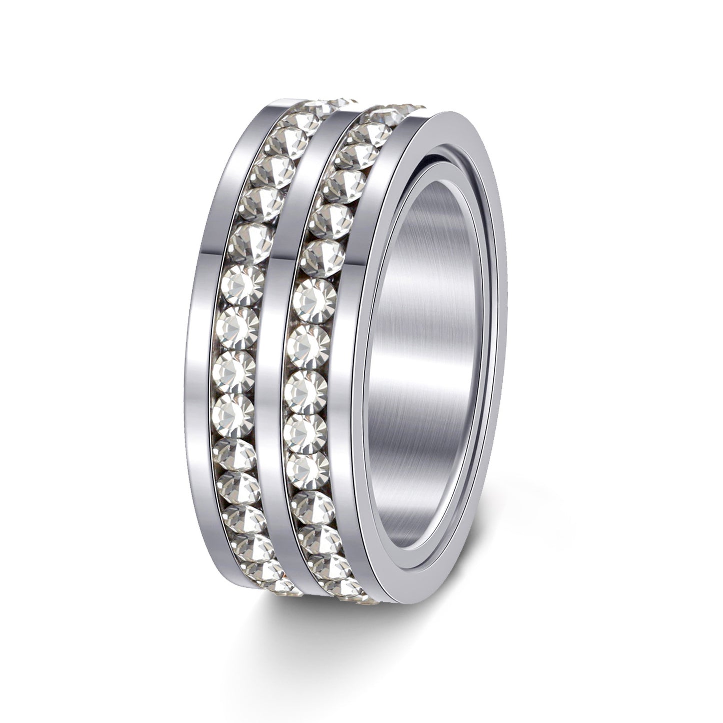 Planderful Everyday Genie Zircon Stainless Steel Ring Rotatable Double Row 8mm Gypsy Unisex Jewelry