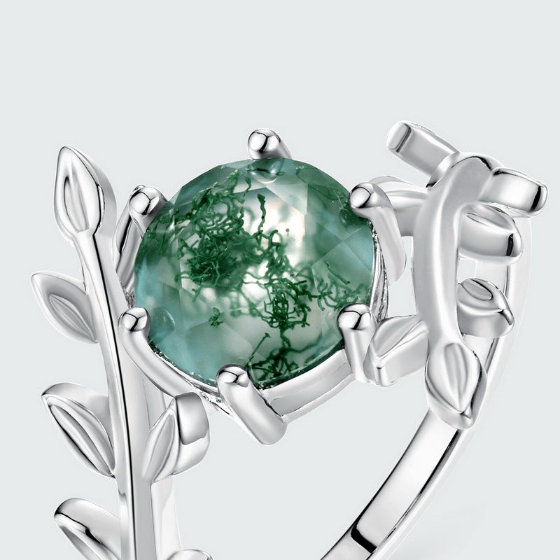 S925 Sterling Silver Moss Agate Olive Branch Ring