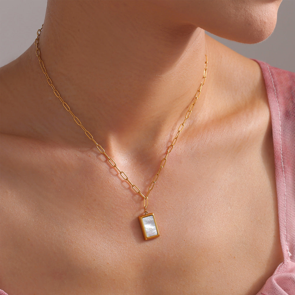 Elegant French Style White Sea Shell Square Pendant Necklace