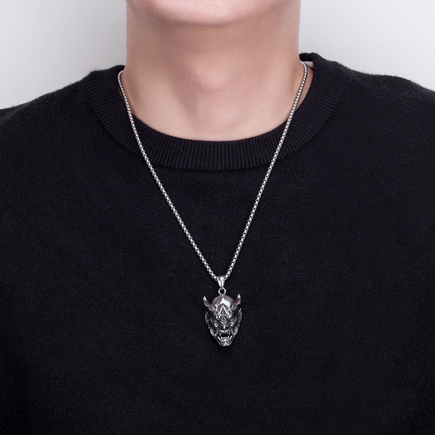 Stainless Steel Necklace - Vintage Mens Horn Mask Pendant With Bold Geometry And Retro Aesthetic