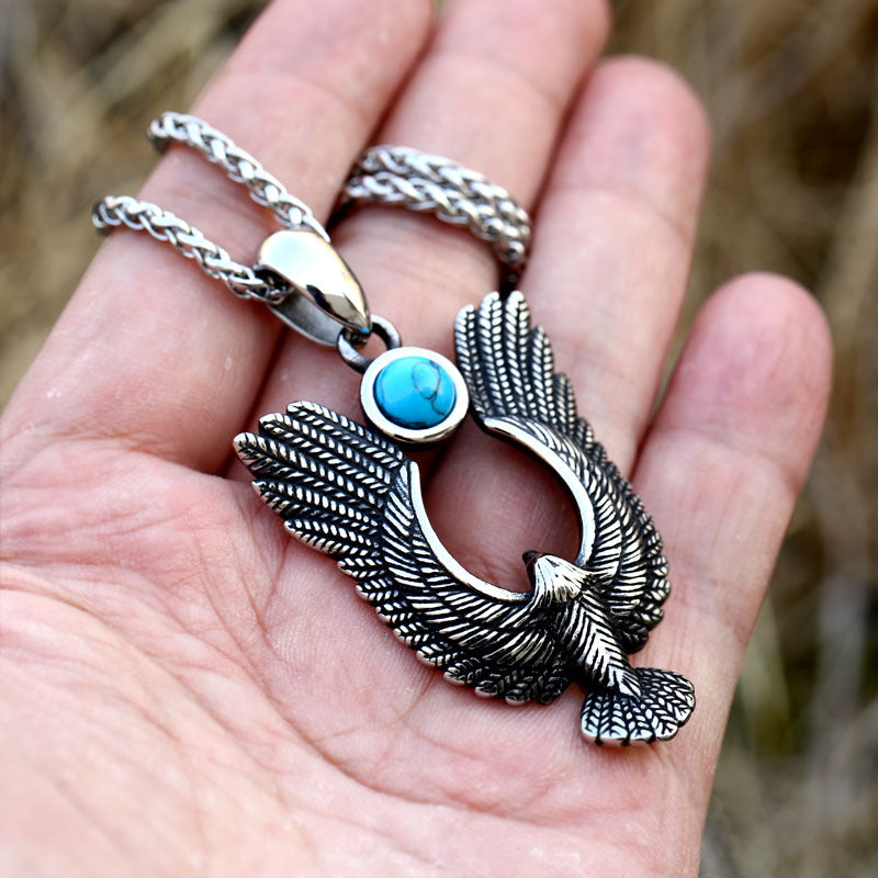 Personalized Retro Titanium Steel Eagle Pendant with Turquoise Inlay for Men