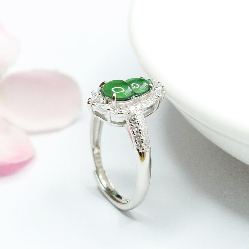 Icy Green Jadeite Gourd 925 Silver Ring