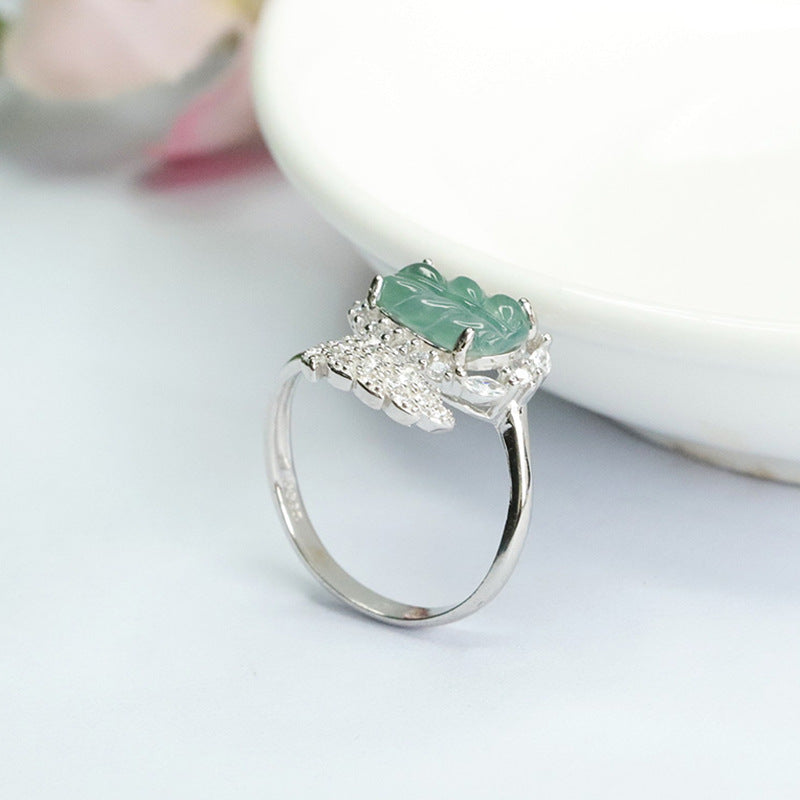 Sterling Silver Adjustable Natural Jade Leaf Ring