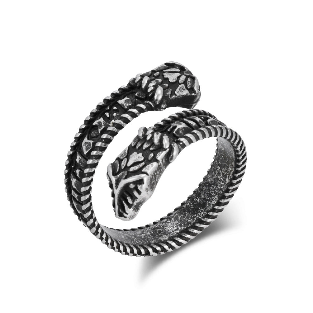 Planderful Viking Double Headed Snake Ring Durable Titanium Steel Retro Rune Unisex Hand Jewelry