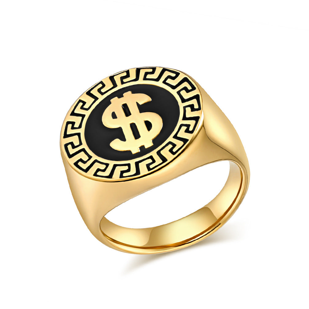 Cross-Border Personalized Fashion Hip-Hop Dollar Logo Titanium Steel Ring for Men