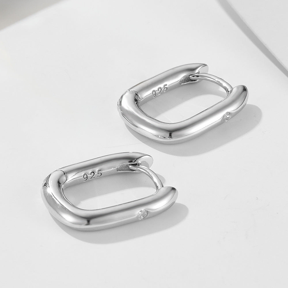 Cold Wind Retro Geometric Smooth Surface Oval U-Shaped Sterling Silver Earrings Versatile Zircon
