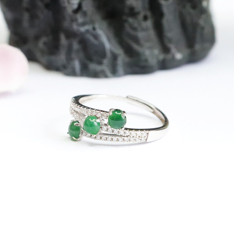 Imperial Green Jadeite Zircon Sterling Silver Ring