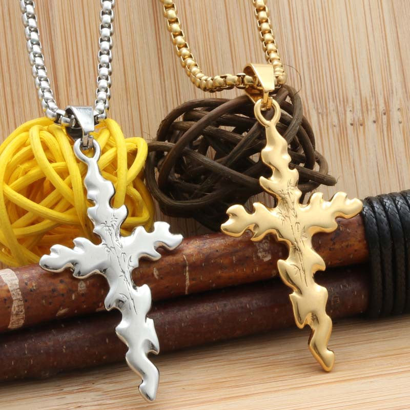 Punk Bamboo Pattern Titanium Steel Cross Pendant Necklace for Men