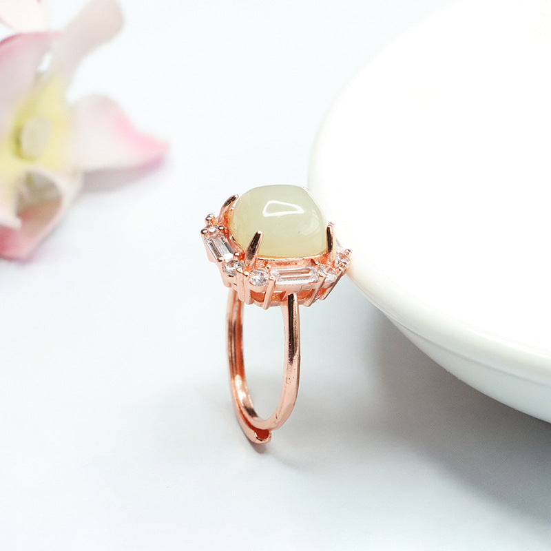 Elegant Hetian Jade and Zircon Sterling Silver Ring with Adjustable Fit