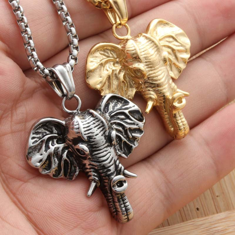 Punk-Inspired Titanium Steel Elephant Head Pendant Necklace for Men - Retro Trendy Design