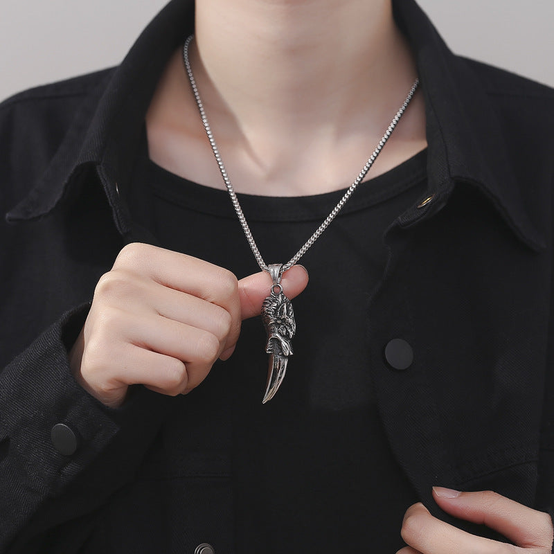 Steel Necklace - Vintage Men's Wolf Tooth Pendant For Bold Everyday Style In Stainless Steel Jewelry By Planderful
