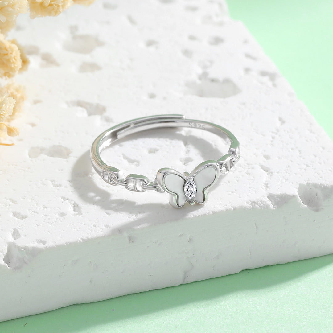 Planderful Everyday Genie Ins Simple Butterfly White Shell Zircon Ring Women’s 925 Sterling Silver Niche Design Small Fresh Tide Ring