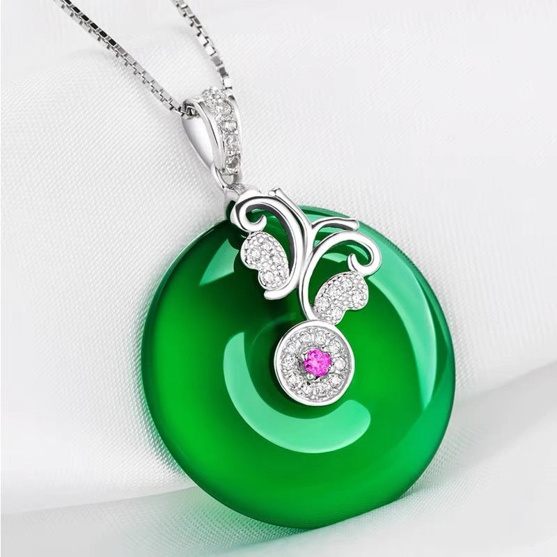 Green Chalcedony Zircon Butterfly Pendant with Safety Buckle
