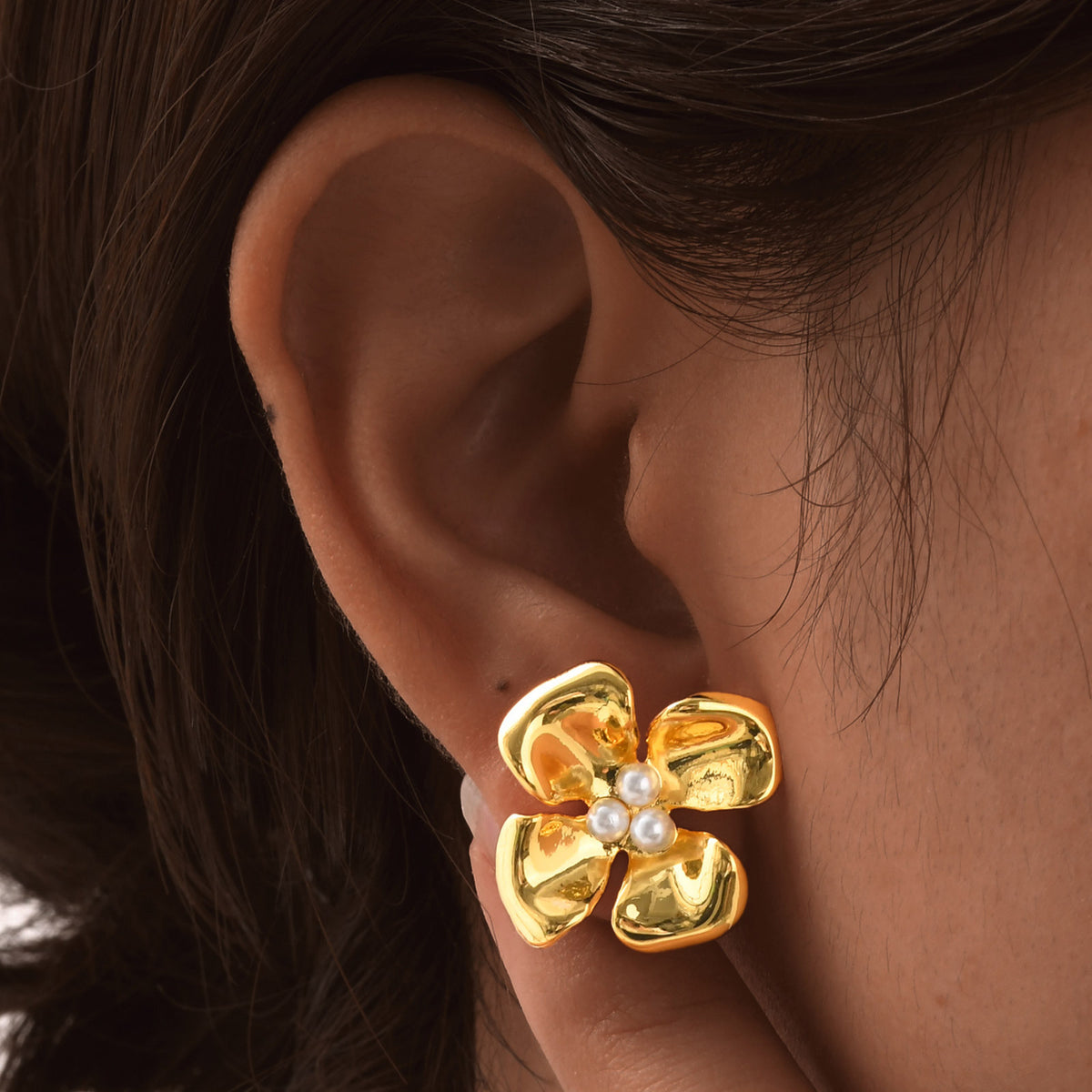 Gold-Tone Pearl Flower Stud Earrings