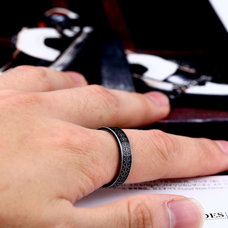 Takahashi Shield Etched Serrated Tattoo Ring - Elegant Titanium Steel Accessory for All