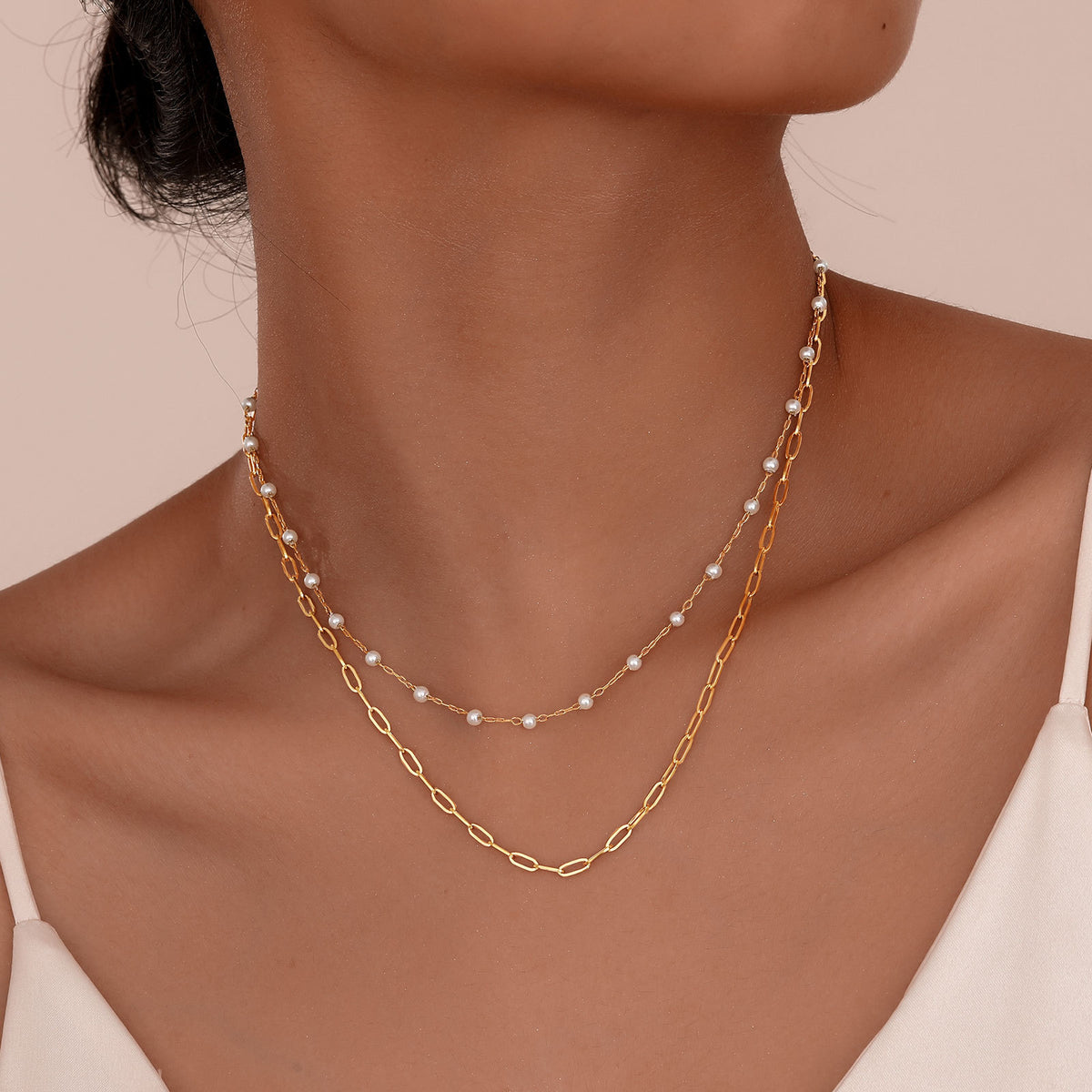 Collarbone Chain Double-Layer Stainless Steel Small Square Chain Faux Pearl Stacked Necklace