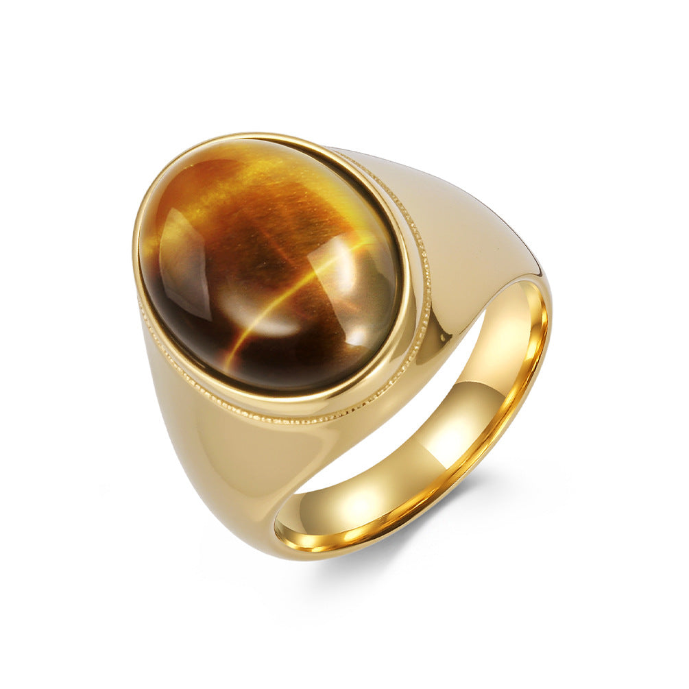 Planderful Men's Tiger's Eye Ring With Smooth Egg Shaped Stone Titanium Steel Jewelry For Everyday Style