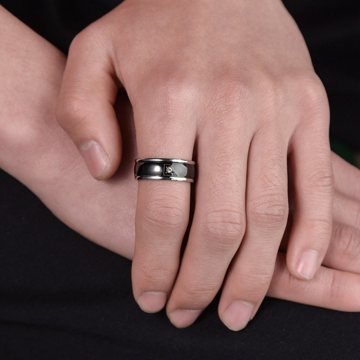 Stainless Steel Men's Zircon Ring Set with European and American Zircon Inlay - Wholesale Men's Fashion Accessories