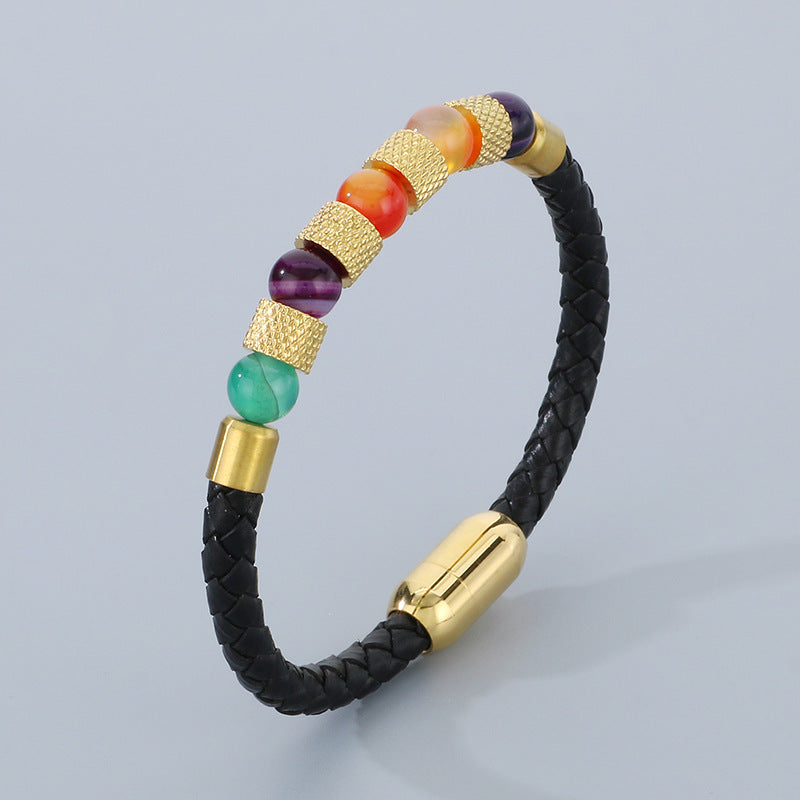 Planderful Men Magnetic Buckle Quartz Stone Leather Bracelet