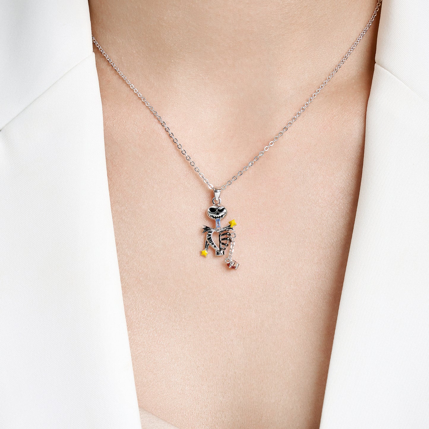 Halloween Skull Skeleton Pendant Zircon Silver Necklace