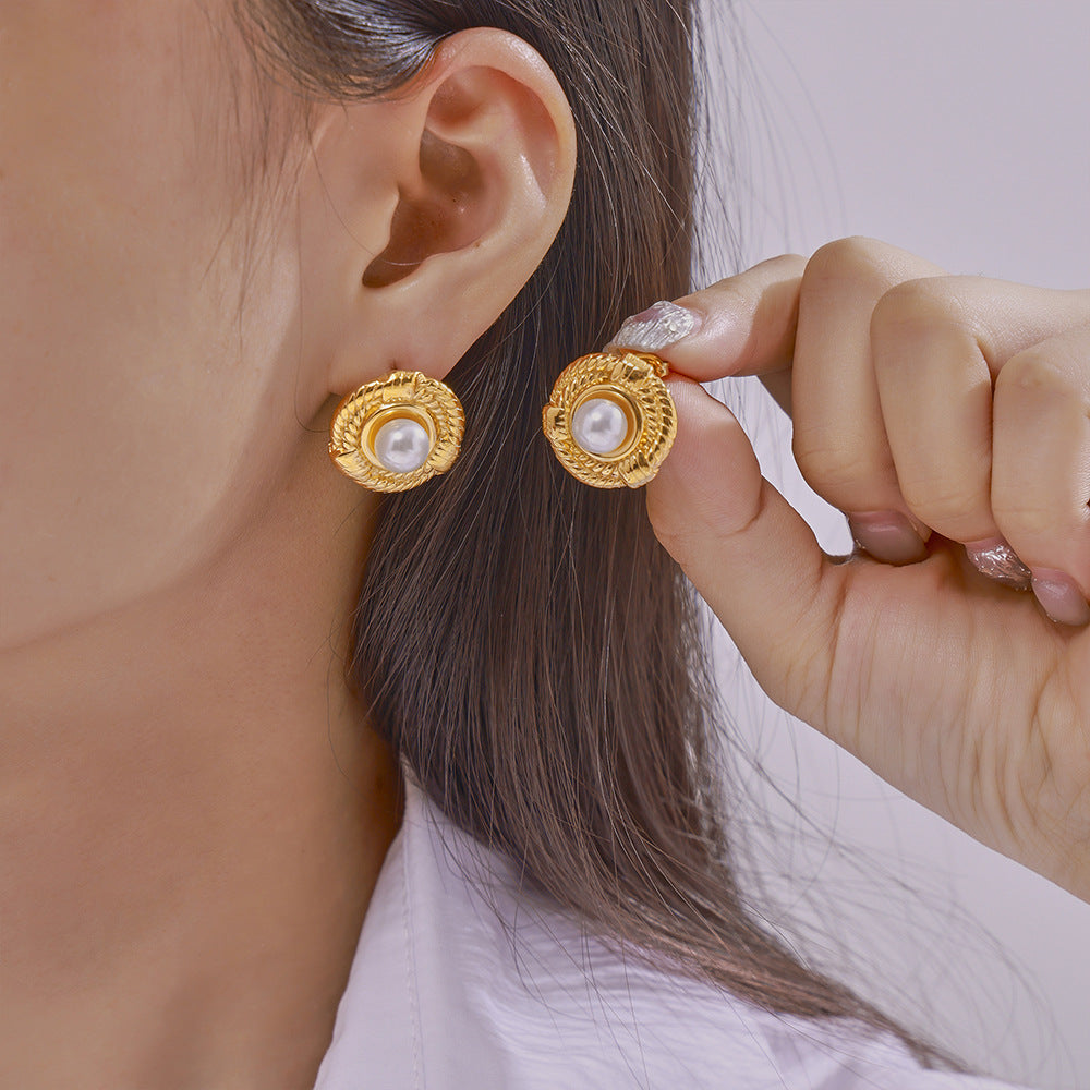 GeoTwist Gold-Plated Steel Stud Earrings with Brand Bead Inlay