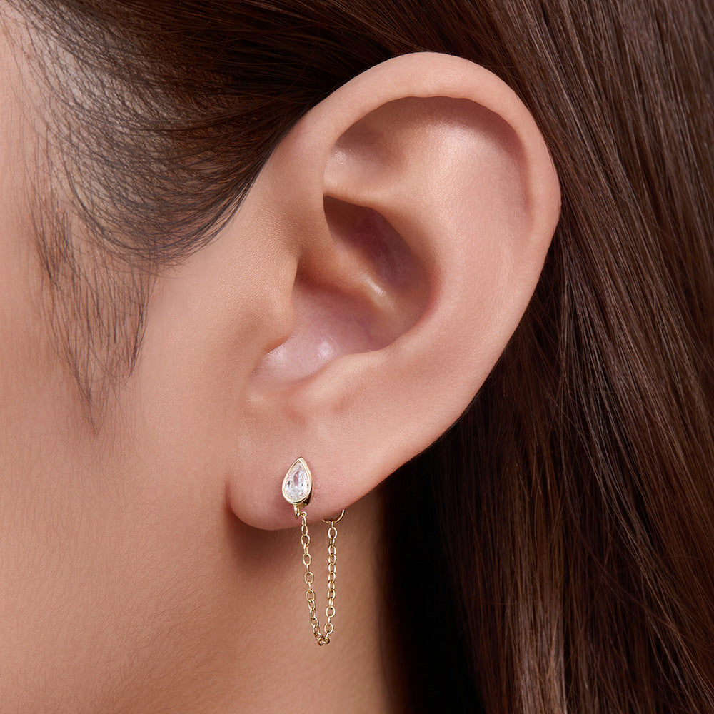 S925 Sterling Silver Drop-Shaped Zircon Earrings Punk Girl Versatile Rear Hanging Versatile Chain