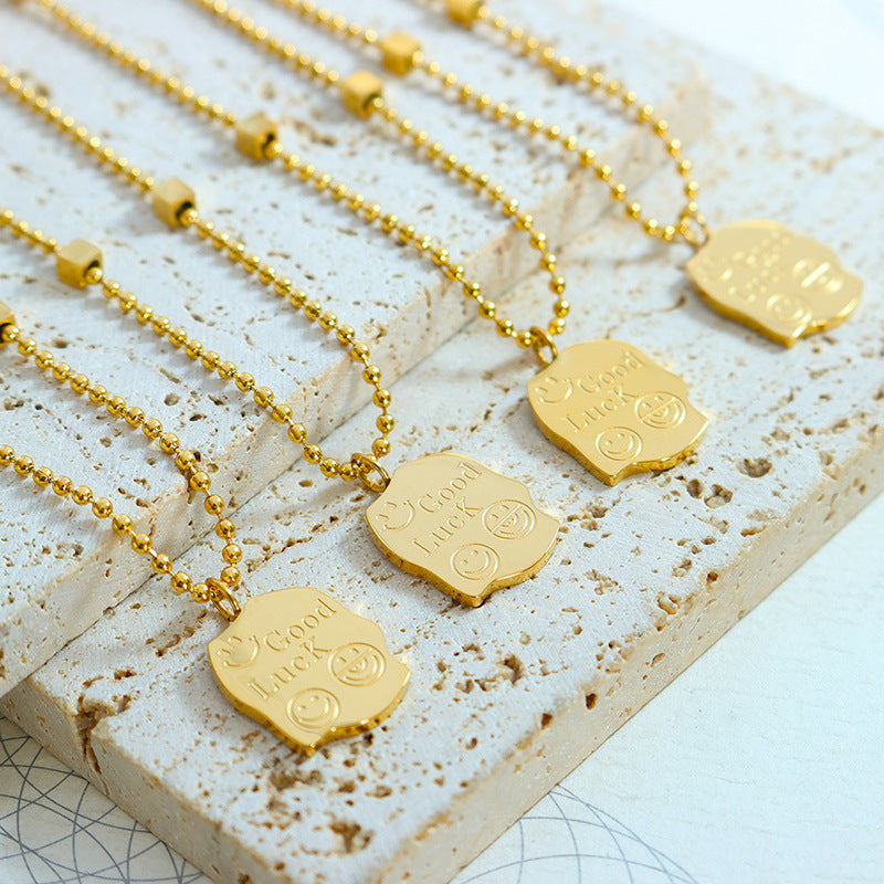 Golden Smiley Face Engraved Letter Necklace - Stylish European and American Instagram Style