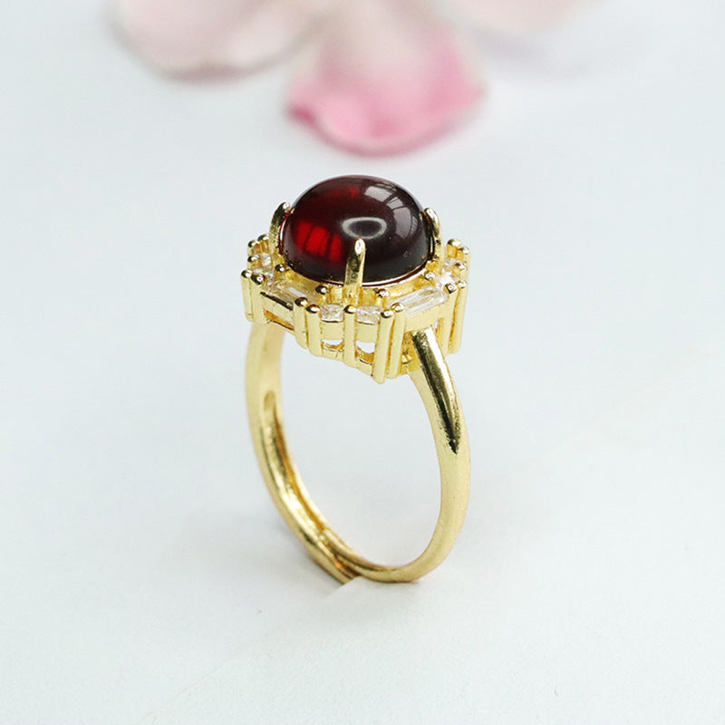 Amber Beeswax Halo Ring with Zircon Accent - Adjustable Sterling Silver Ring