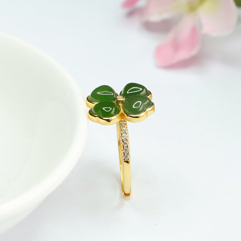 925 Sterling Silver Hetian Jasper Clover Ring