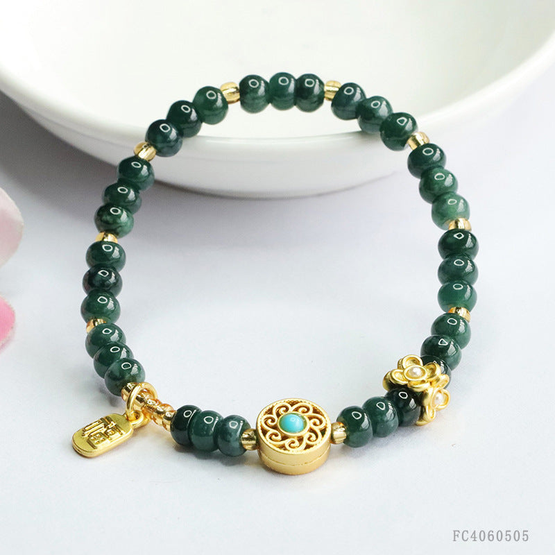 Blue Water Jadeite Abacus Bead & Fu Plaque Beaded Bracelet