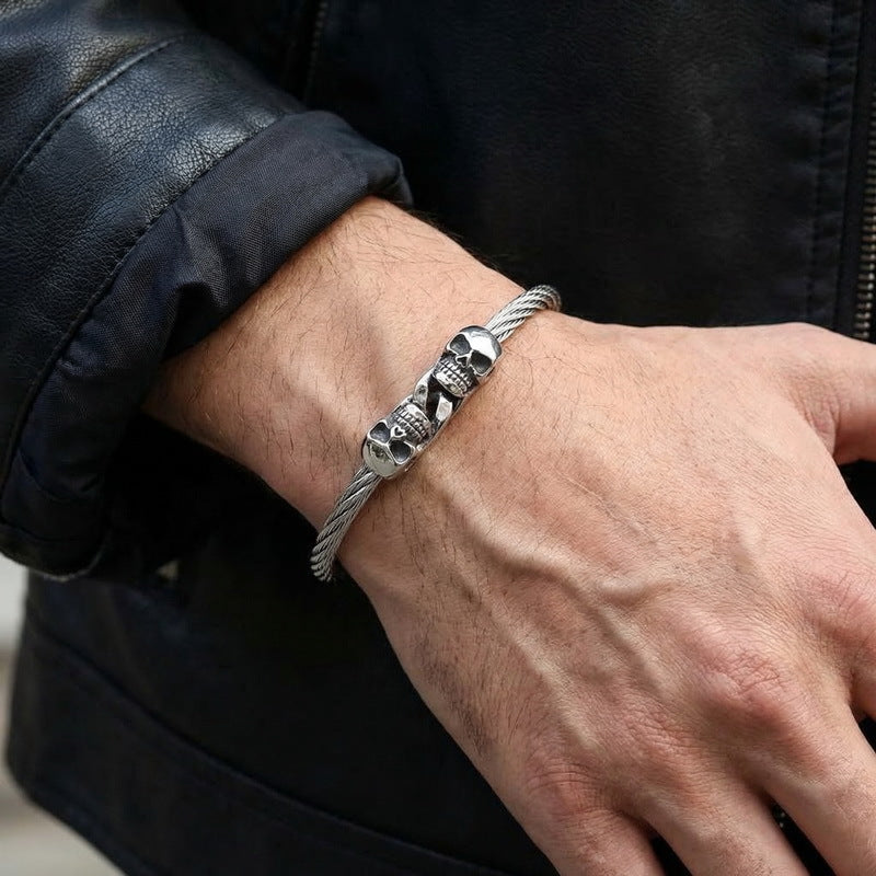 Skull Titanium Steel Bracelet – Gothic Double Skull Steel Wire Bracelet