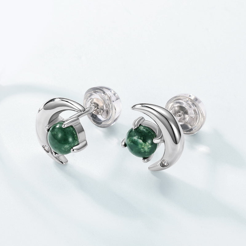 S925 Sterling Silver Moss Agate Crescent Moon Stud Earrings